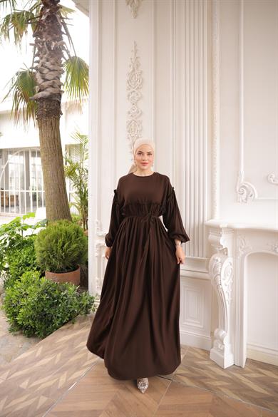 Kahverengi Robalı Büzgülü Oversize Elbise 5093