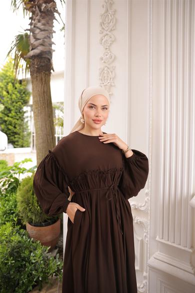Kahverengi Robalı Büzgülü Oversize Elbise 5093