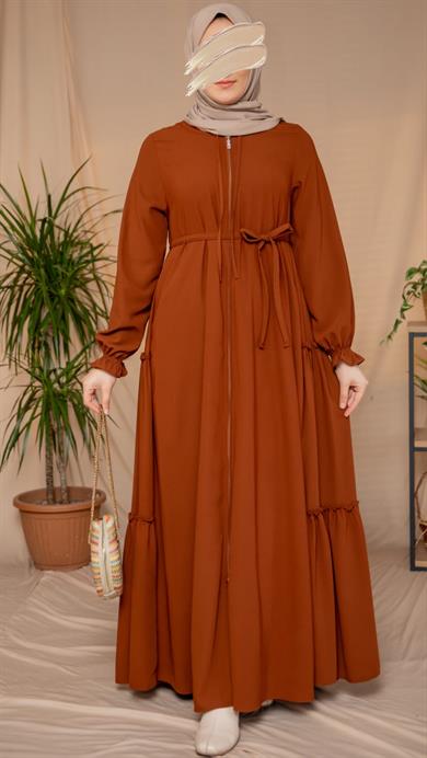 Kahverengi Yanları Katlı Kroş Elbise 5123