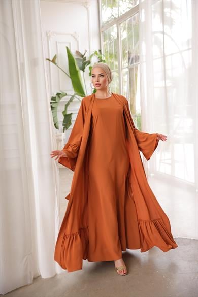 Kiremit Fırfırlı İkili Takım Abaya 5038