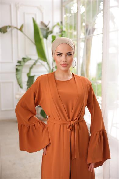 Kiremit Fırfırlı İkili Takım Abaya 5038