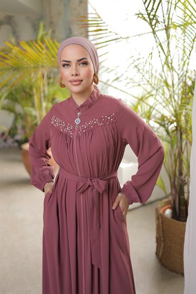 Koyu Gül Kurusu Robalı Boncuklu Ferace 5016