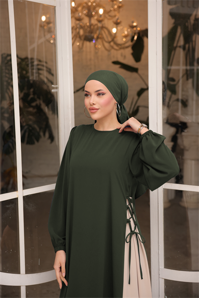 Koyu Haki Yandan Garnili Elbise 5061