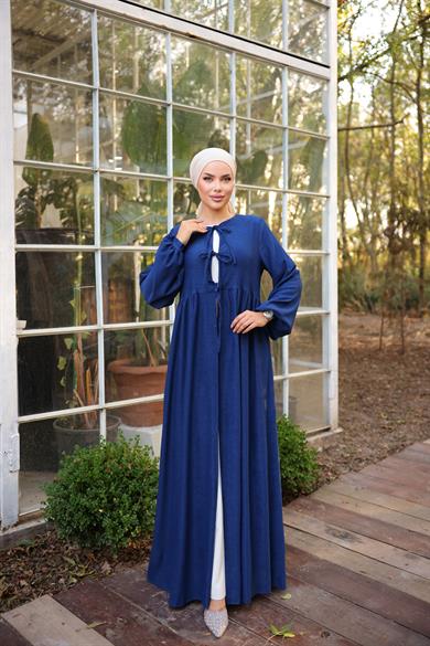 Lacivert Bel Büzgülü 3 Biyeli Tesettür Kimono 8024