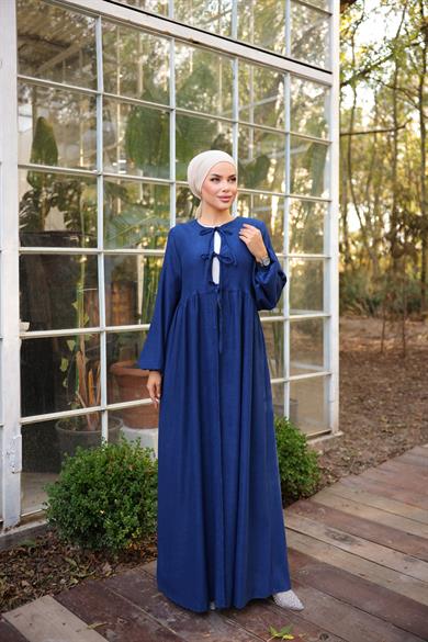 Lacivert Bel Büzgülü 3 Biyeli Tesettür Kimono 8024