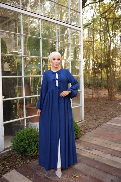 Lacivert Bel Büzgülü 3 Biyeli Tesettür Kimono 8024