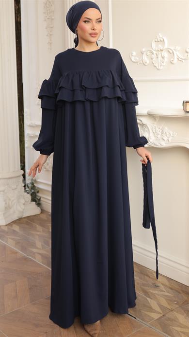 Lacivert Çift Fırfırlı Elbise 5068
