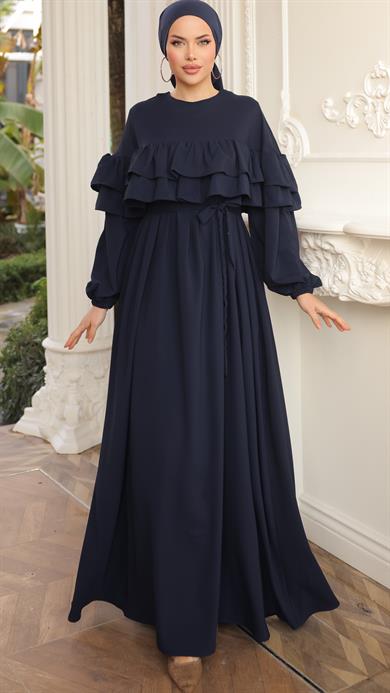 Lacivert Çift Fırfırlı Elbise 5068