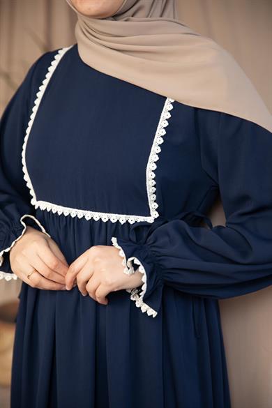 Lacivert Dantel Detaylı Elbise 5126