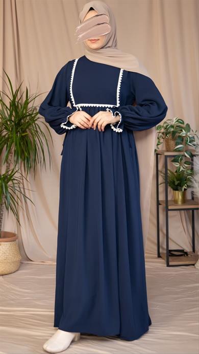 Lacivert Dantel Detaylı Elbise 5126