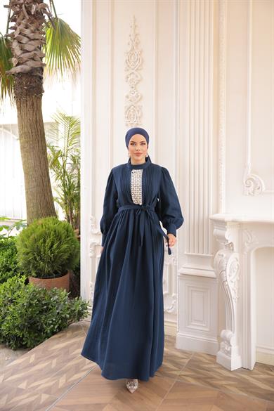 Lacivert Dantel ve Nervürlü Elbise 5087