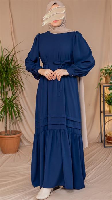 Lacivert Eteği Nervürlü Elbise 5124