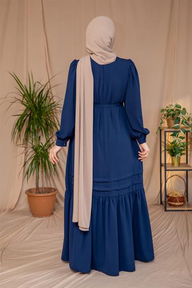 Lacivert Eteği Nervürlü Elbise 5124