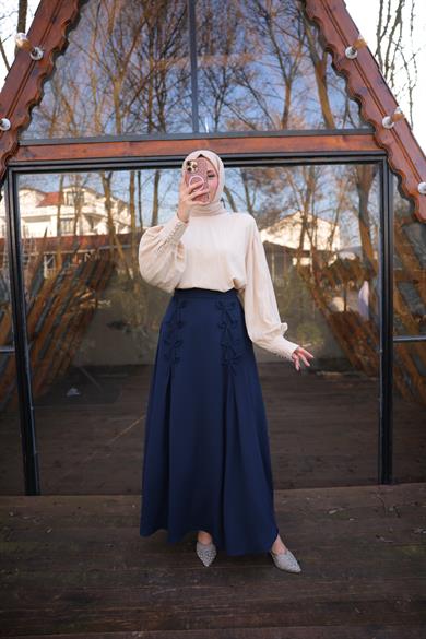 Lacivert Fiyonklu Keten Etek 7554