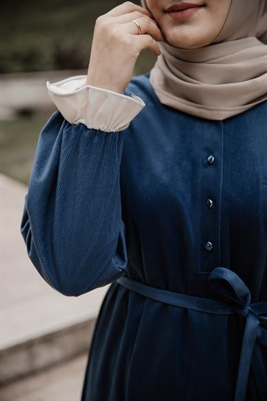 Lacivert Garnili Kadife Elbise Nsr 5112