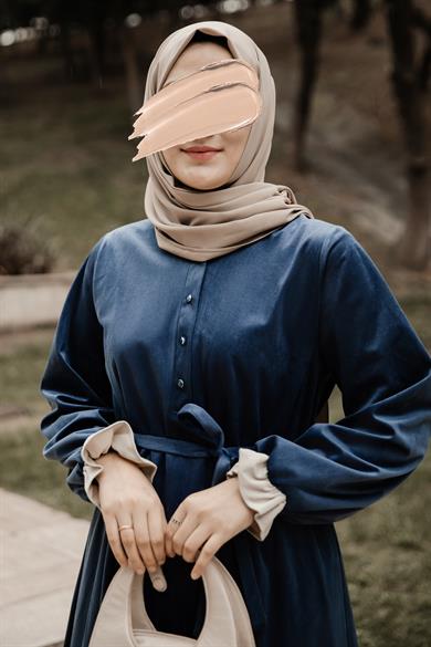 Lacivert Garnili Kadife Elbise Nsr 5112