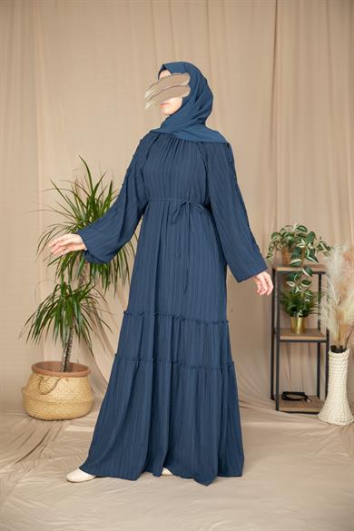 Lacivert Kolları Kaplama Düğmeli Elbise 5132