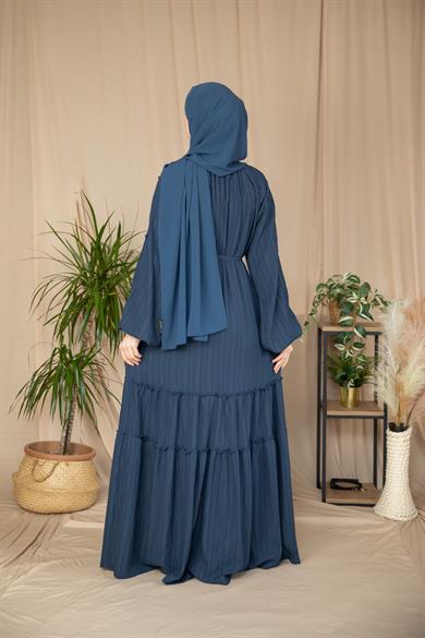 Lacivert Kolları Kaplama Düğmeli Elbise 5132