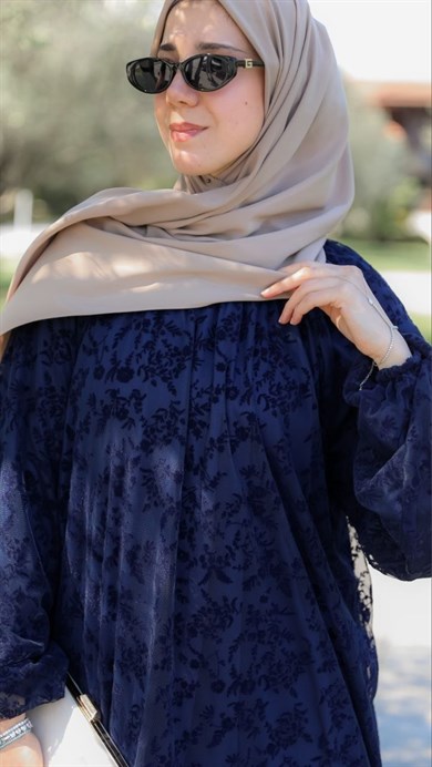 Lacivert LY26 4030 REGLAN KOL FLOK BASKILI ELBİSE
