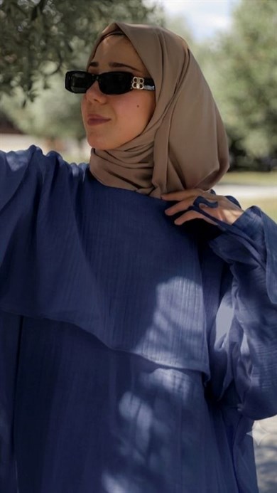 Lacivert Önü Pelerinli Oversize Elbise 5156