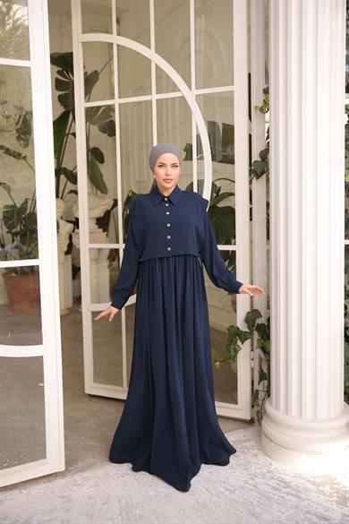 Lacivert Önlüklü Medine İpeği Elbise 5065