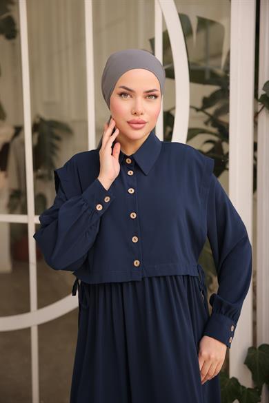 Lacivert Önlüklü Medine İpeği Elbise 5065