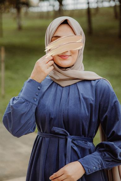 Lacivert Pileli Elbise Nsr 5111