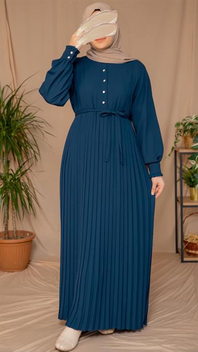 Lacivert Pliseli elbise 5129