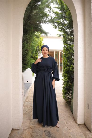 Lacivert Robalı Büzgülü Oversize Elbise 5093