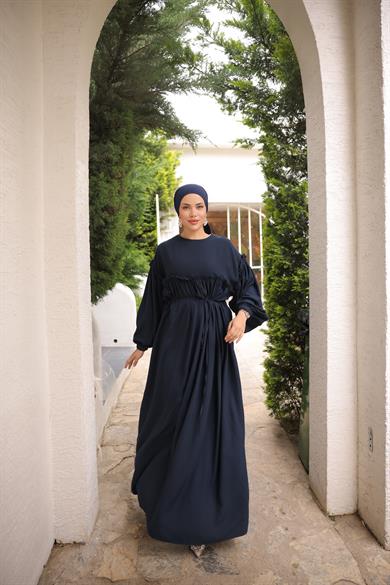 Lacivert Robalı Büzgülü Oversize Elbise 5093