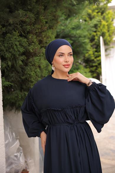 Lacivert Robalı Büzgülü Oversize Elbise 5093