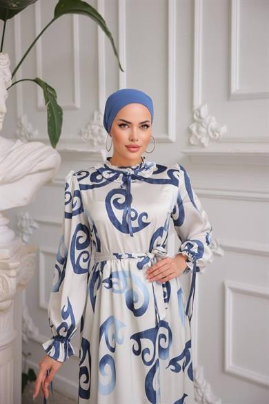 Lacivert Saten Kumaş Lale Desenli Uzun Tesettür Elbise Fdl1856