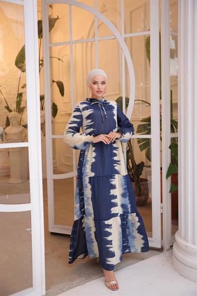 Lacivert Şifon Kare Desenli Uzun Tesetür Elbise Fdl1859