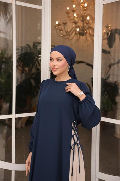 Lacivert Yandan Garnili Elbise 5061