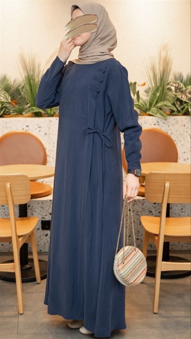 Lacivert Yandan Pliseli Elbise 5141