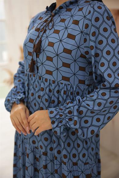 Mavi Belmando Kumaş Parçalı Uzun Tesettür Elbise Fdl1895