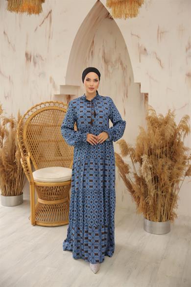 Mavi Belmando Kumaş Parçalı Uzun Tesettür Elbise Fdl1895