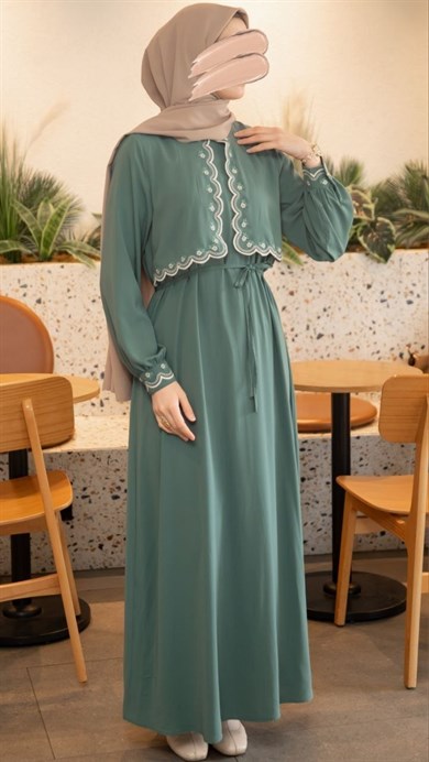 Mint Ön Aller ve Nakışlı Elbise 5134