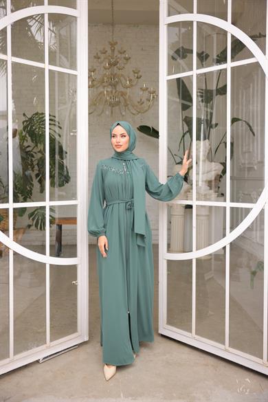 Mint Robalı Boncuklu Ferace 5016