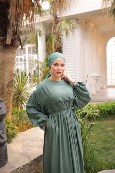 Mint Robalı Büzgülü Oversize Elbise 5093