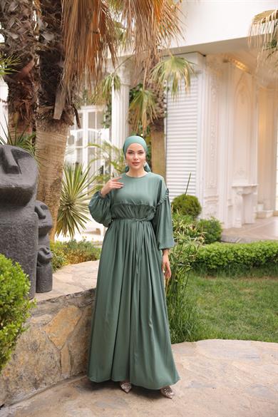 Mint Robalı Büzgülü Oversize Elbise 5093