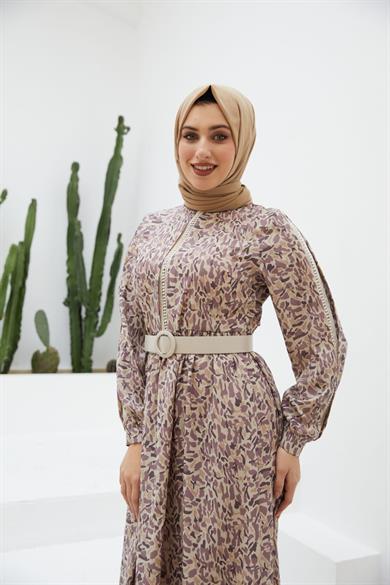 Mor Dokuma Kol Detaylı Uzun Tesettür Elbise Fdl1409