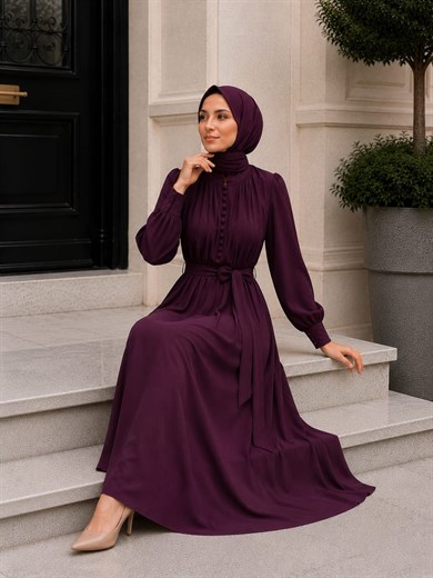 Mor Reglan Kol Kaplama Düğmeli Elbise 5152