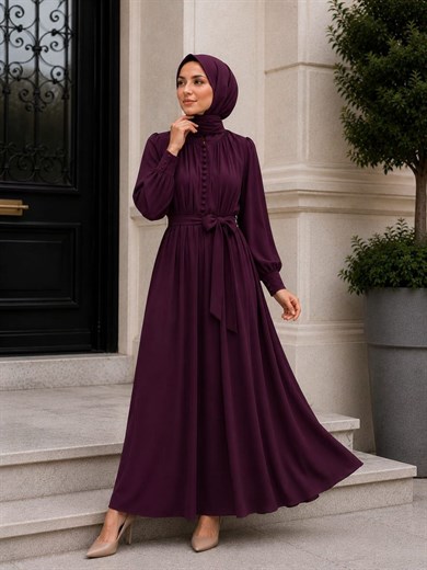 Mor Reglan Kol Kaplama Düğmeli Elbise 5152