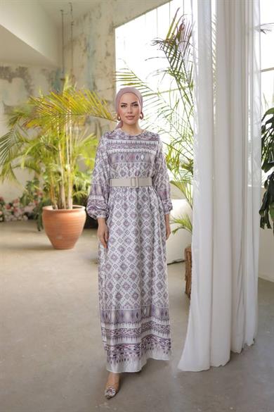 Mor Saten Baklava Desenli Uzun Tesettür Elbise Fdl1697