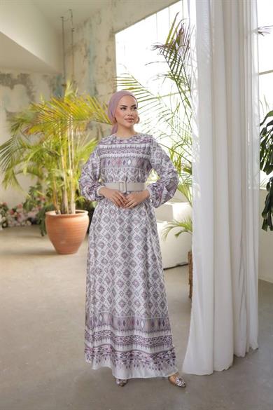 Mor Saten Baklava Desenli Uzun Tesettür Elbise Fdl1697
