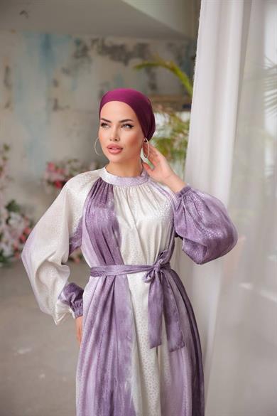 Mor Saten Jaccar Desenli Uzun Tesettür Elbise Fdl1861