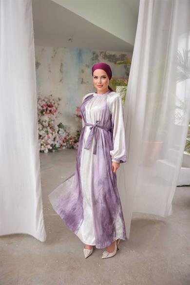 Mor Saten Jaccar Desenli Uzun Tesettür Elbise Fdl1861
