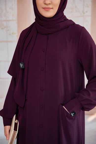 Mürdüm Kaplama Düğmeli Şallı Ferace 5117