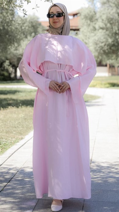 Pembe Önü Pelerinli Oversize Elbise 5156